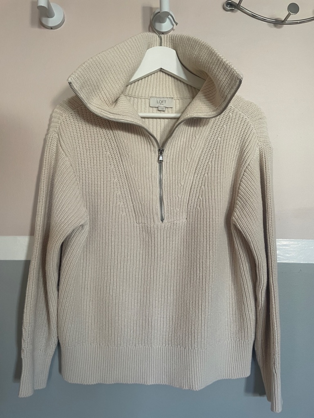 LOFT Cream Half-Zip Ribbed Funnel Collar Sweater